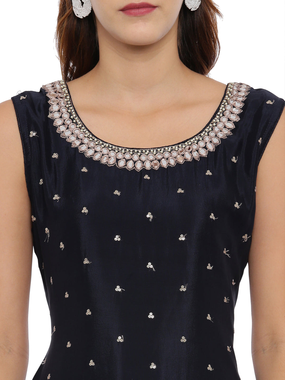 Neerus Blue embellished sharara set kurta dupatta - back view