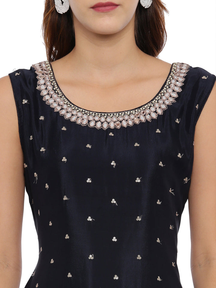 Neerus Blue embellished sharara set kurta dupatta - back view