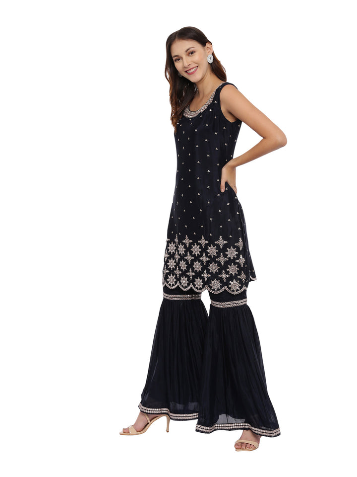 Neerus Blue embellished sharara set kurta dupatta - detail view 2