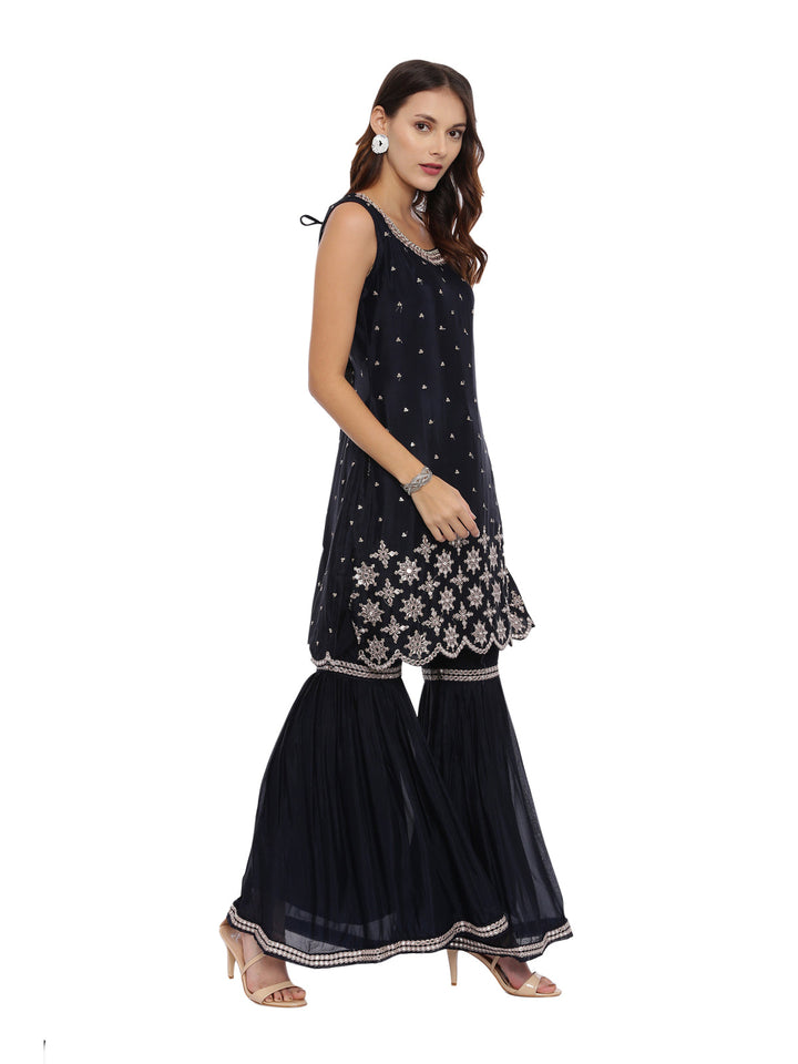Neerus Blue embellished sharara set kurta dupatta - side view
