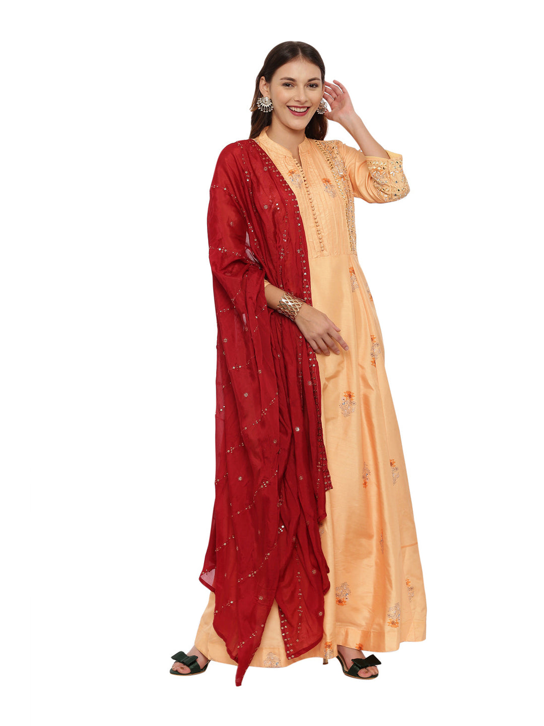 Neerus Orange georgette embellished anarkali suit set - front view