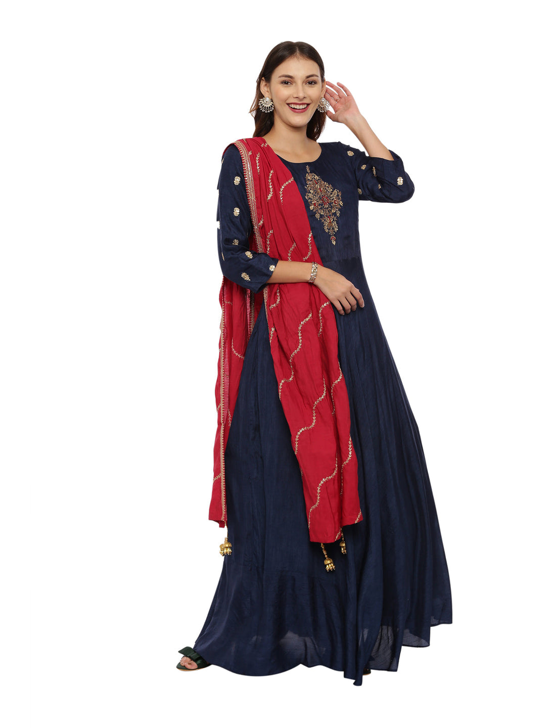 Neerus Blue embroidered anarkali kurta set - front view