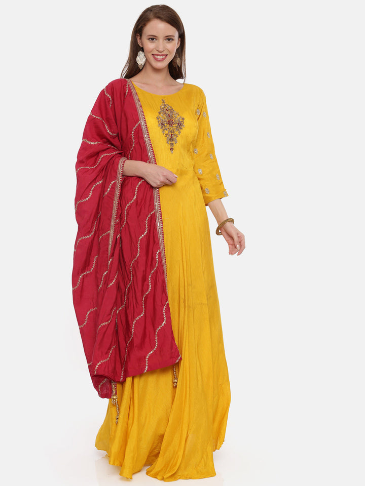 Neerus Yellow embroidered anarkali kurta set - front view