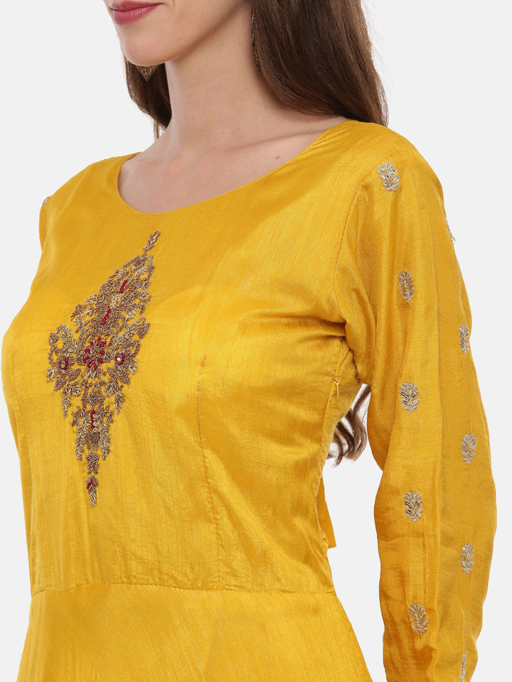 Neerus Yellow embroidered anarkali kurta set - back view
