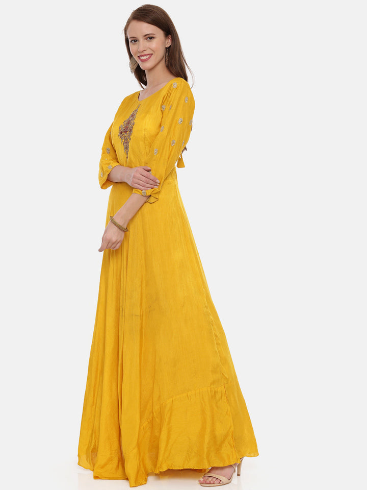 Neerus Yellow embroidered anarkali kurta set - detail view 2