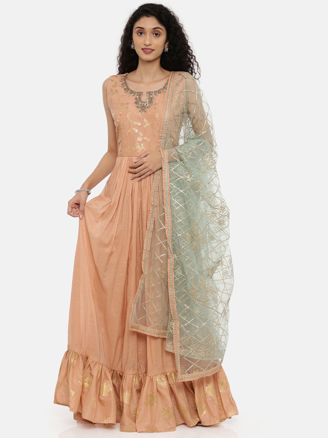 Neerus Orange embroidered anarkali kurta set - front view
