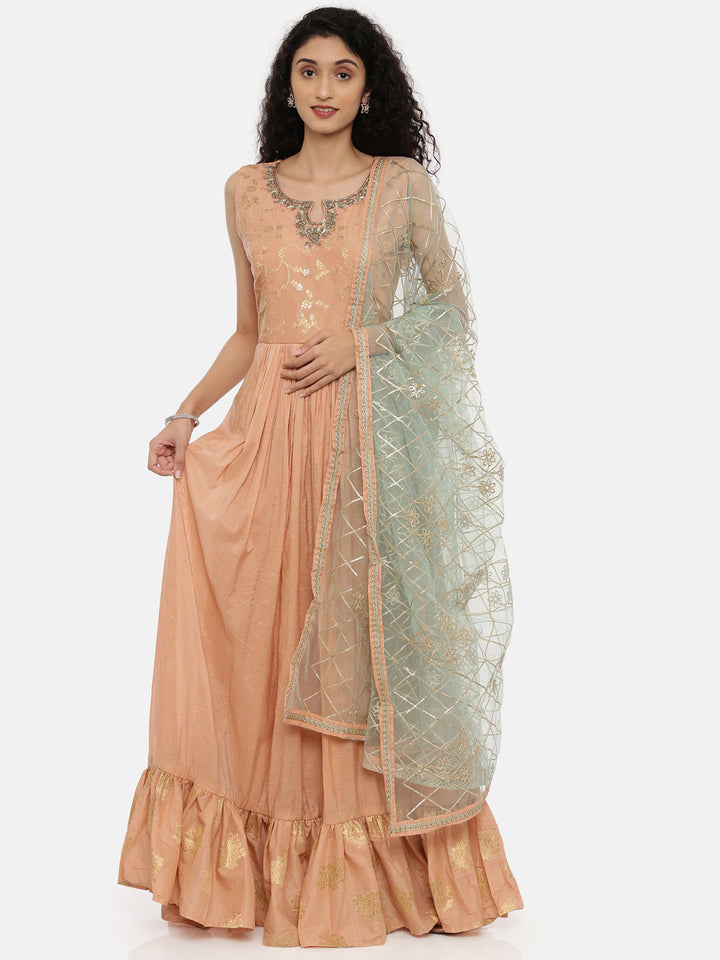 Neerus Orange embroidered anarkali kurta set - front view