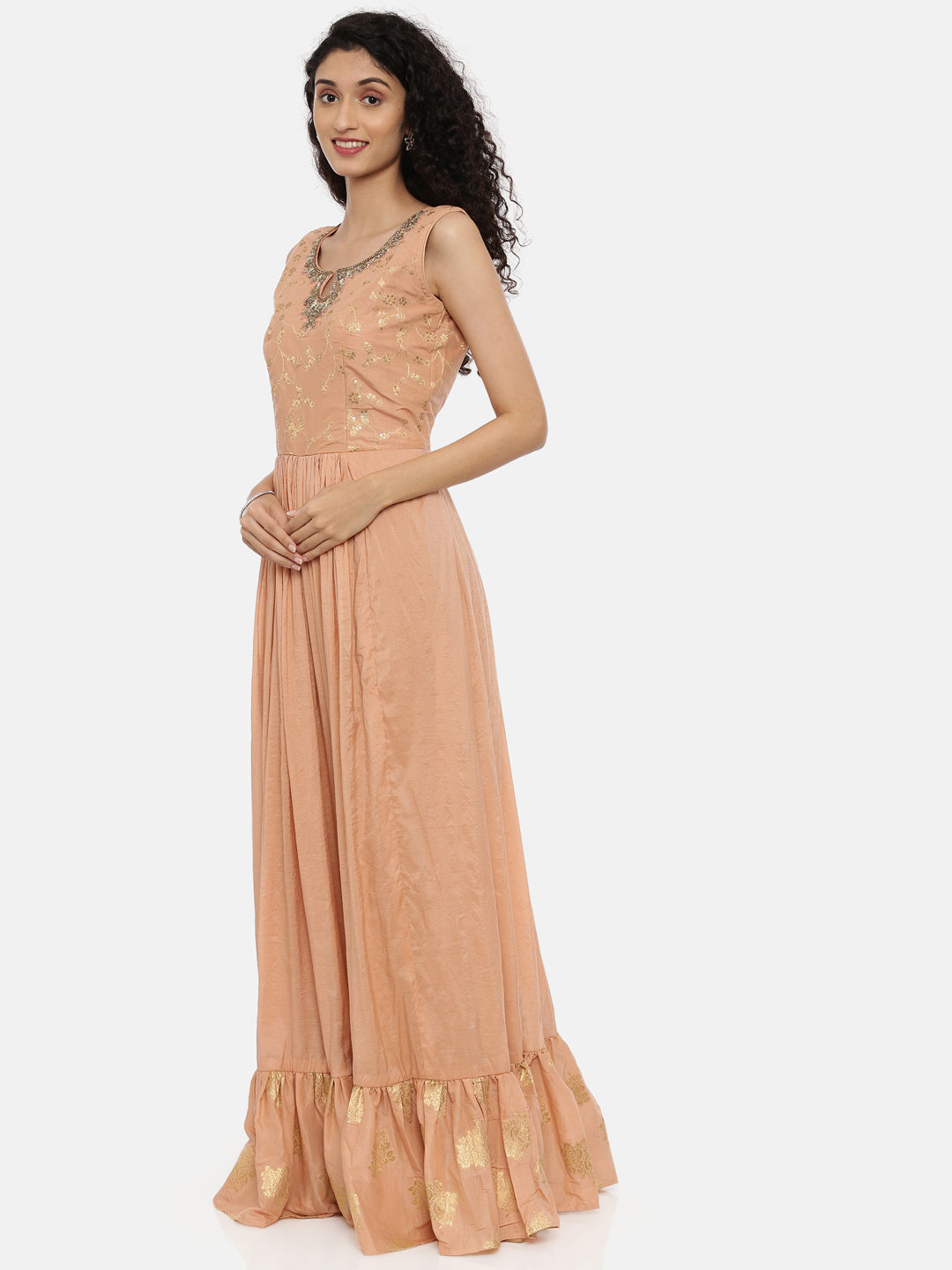 Neerus Orange embroidered anarkali kurta set - side view