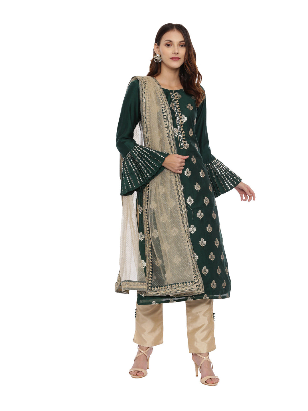 Neerus Green jacquard woven kurta set - front view