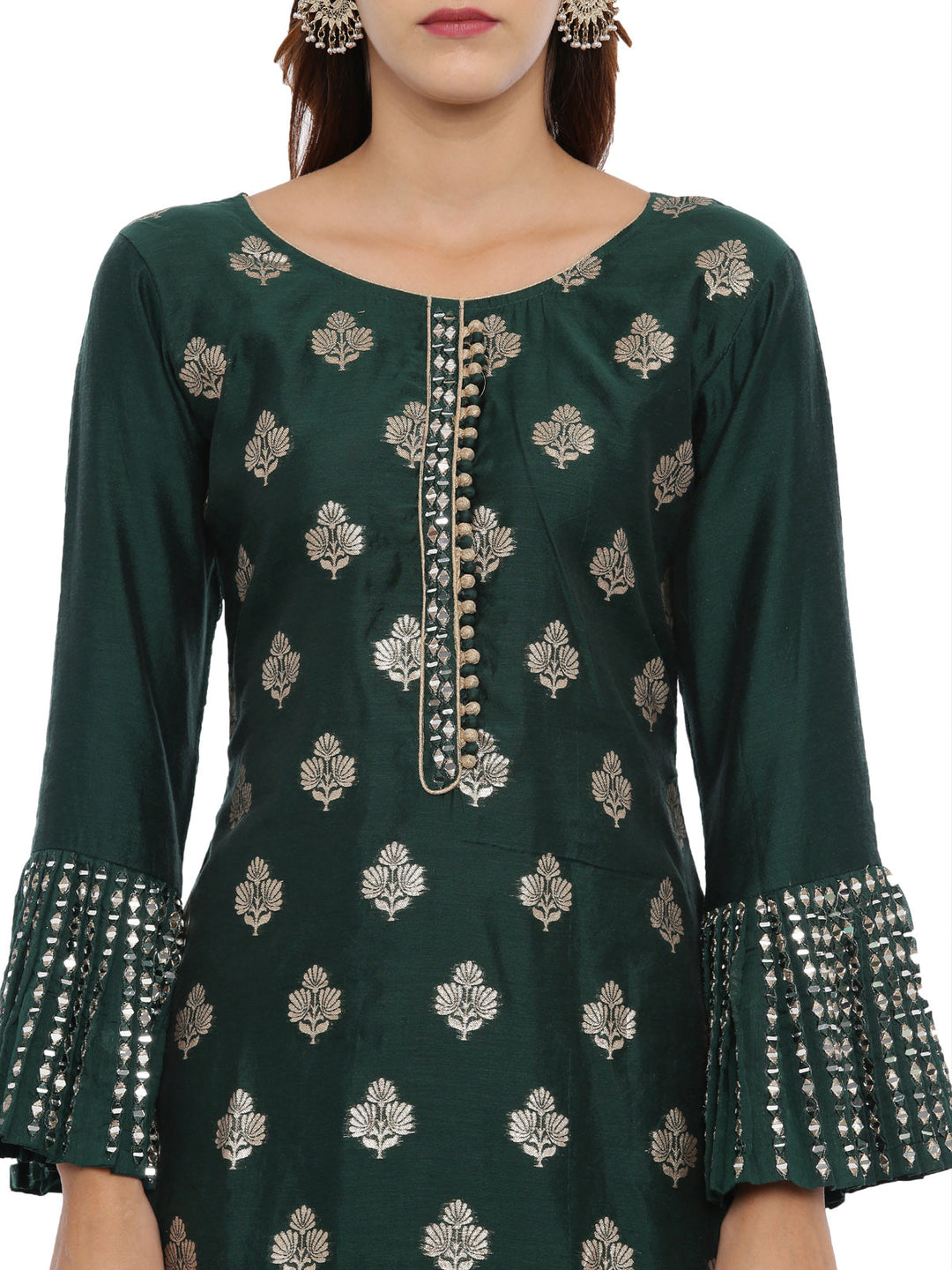 Neerus Green jacquard woven kurta set - back view