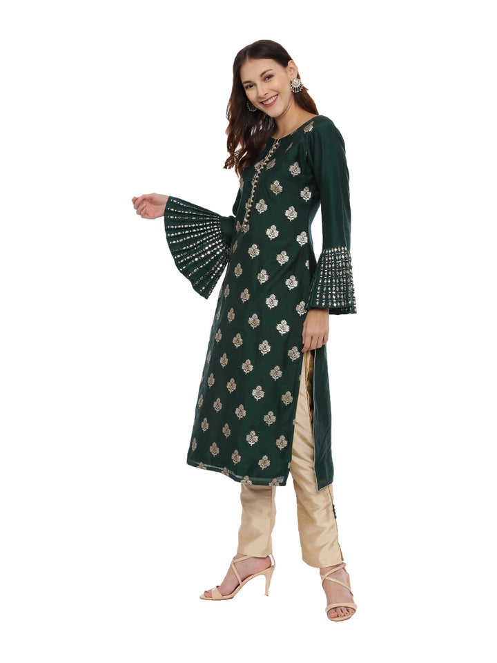 Neerus Green jacquard woven kurta set - detail view 2
