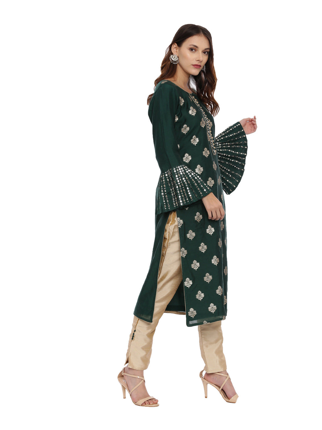 Neerus Green jacquard woven kurta set - side view