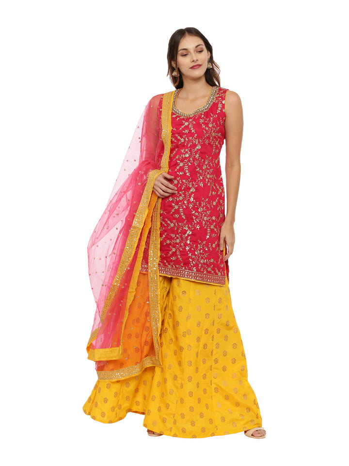 Neerus Red woven zari kurta set with palazzo and dupatta - front view