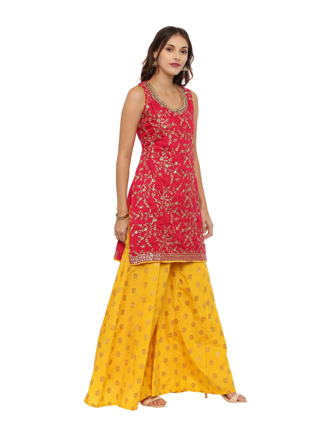 Neerus Red woven zari kurta set with palazzo and dupatta - side view
