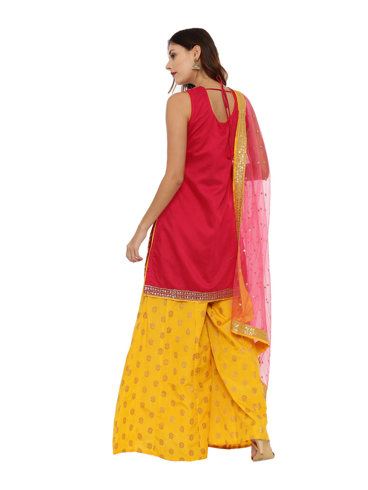 Neerus Red woven zari kurta set with palazzo and dupatta - detail view 1