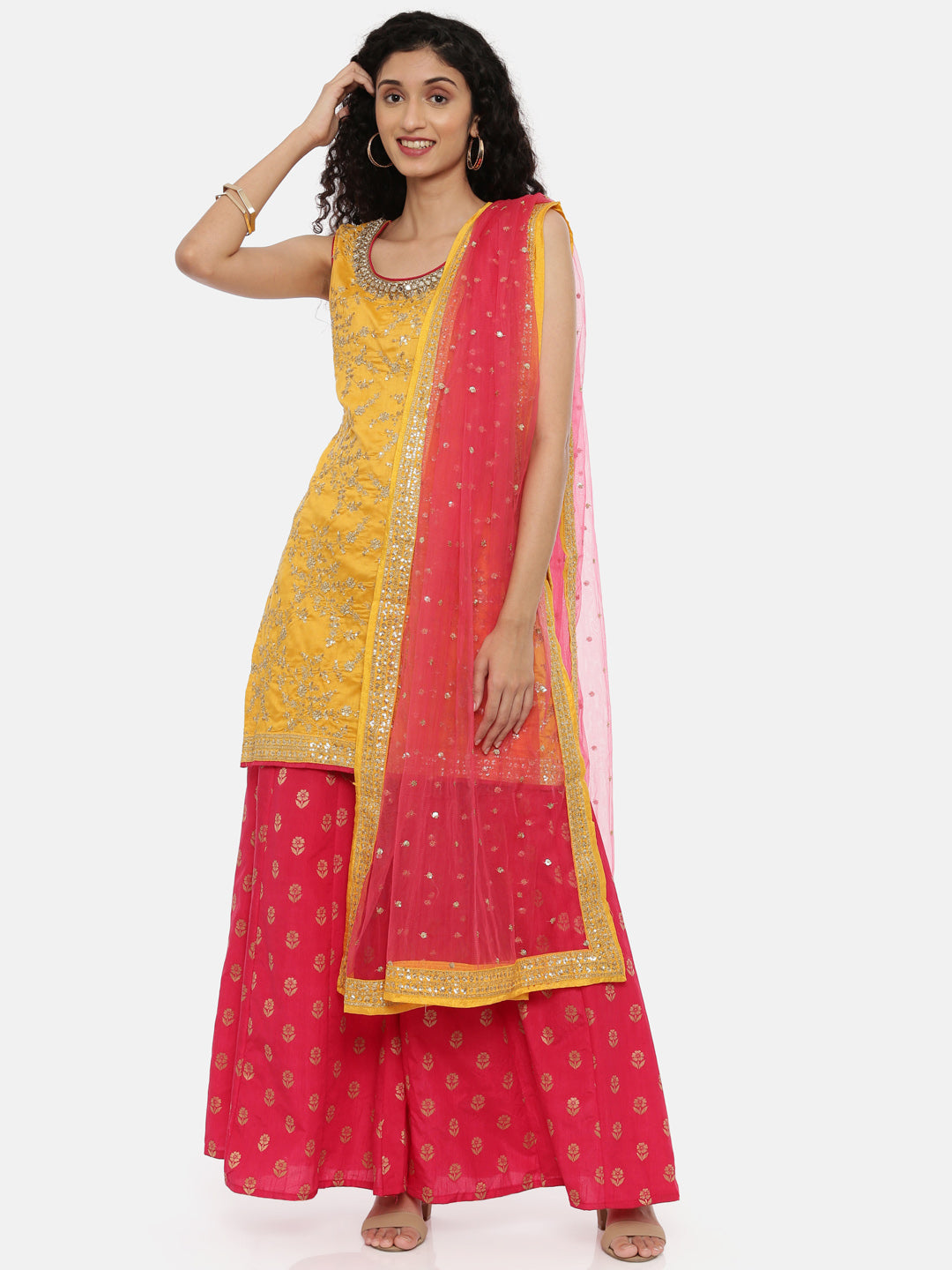Neerus Yellow embellished kurta set with palazzo and dupatta - front view