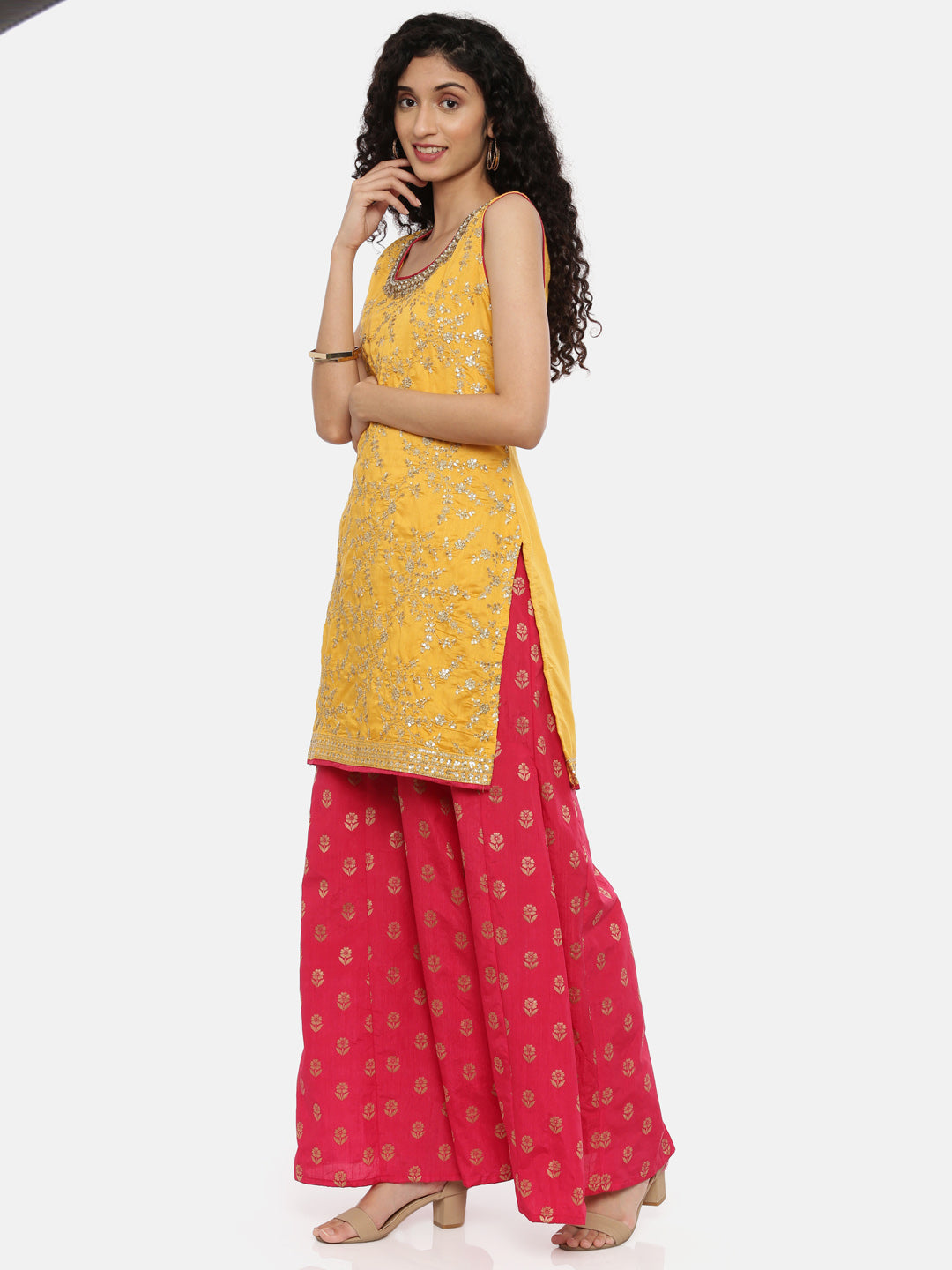 Neerus Yellow embellished kurta set with palazzo and dupatta - detail view 2
