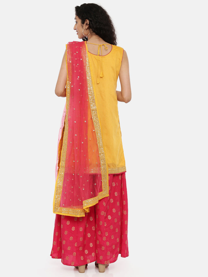 Neerus Yellow embellished kurta set with palazzo and dupatta - side view
