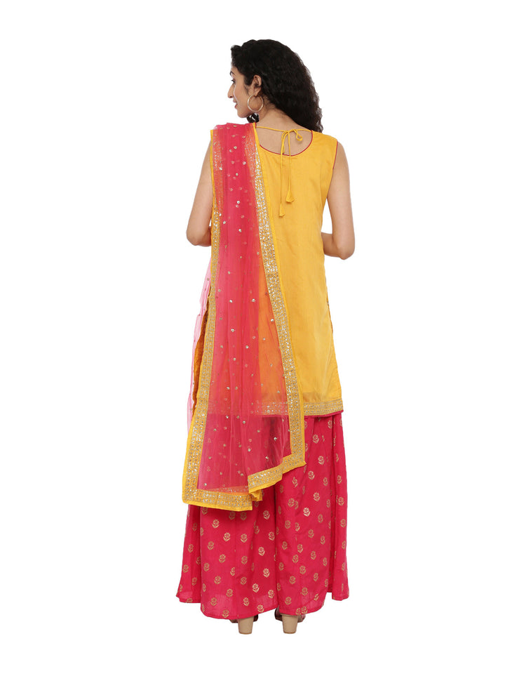 Neerus Yellow embellished kurta set with palazzo and dupatta - detail view 1