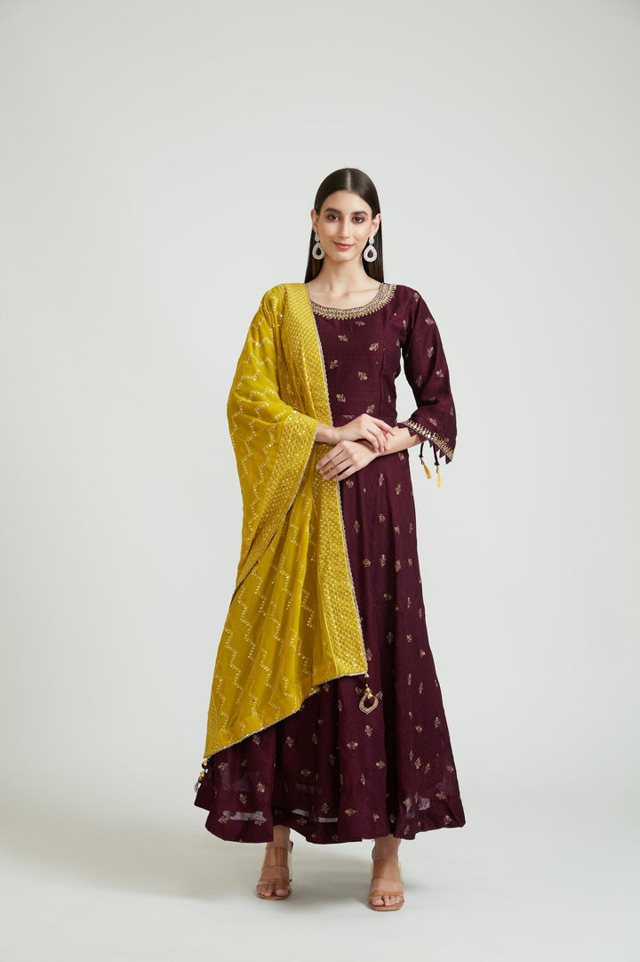 Neerus Maroon silk Anarkali suit set - front view