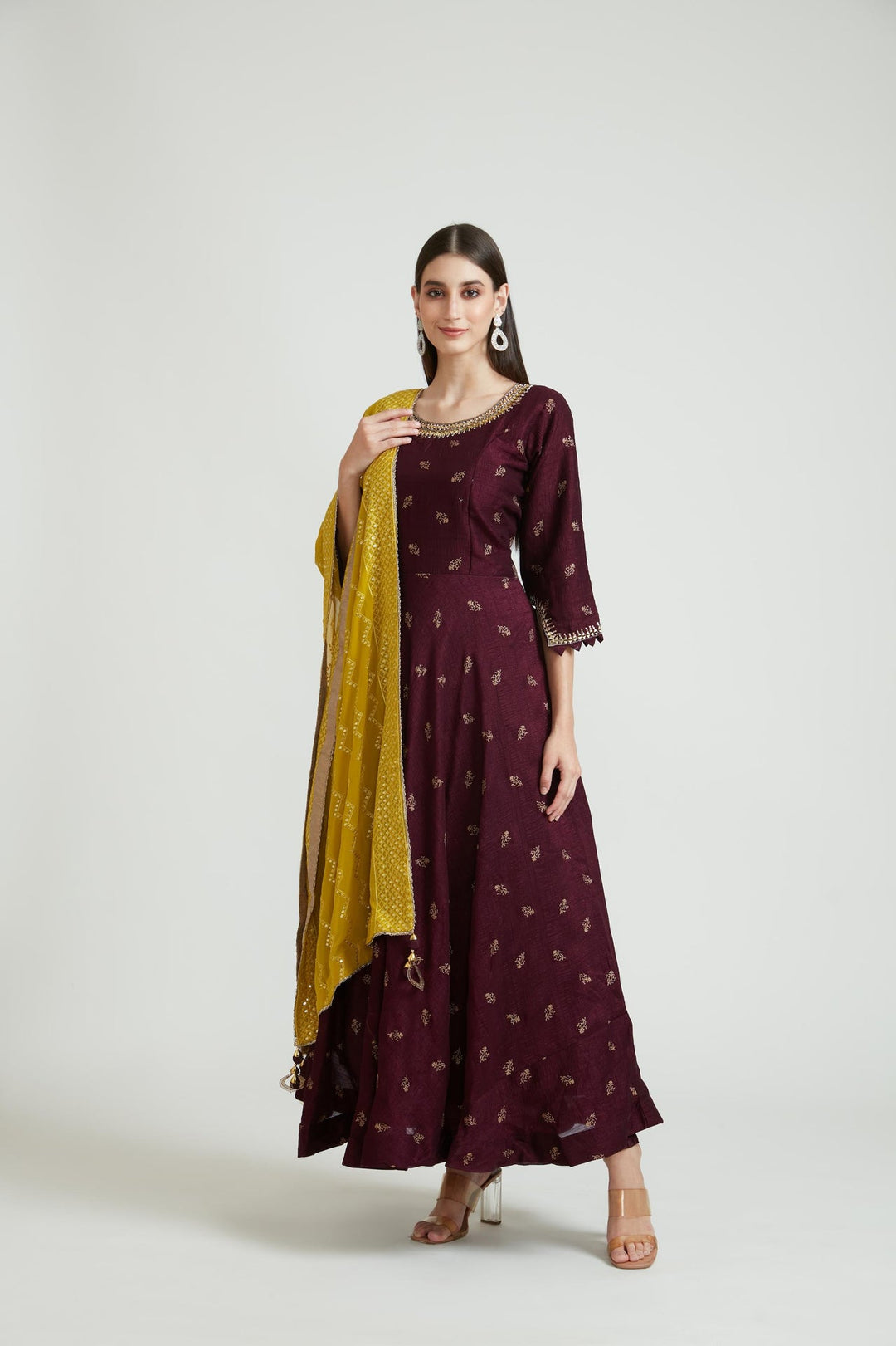 Neerus Maroon silk Anarkali suit set - back view