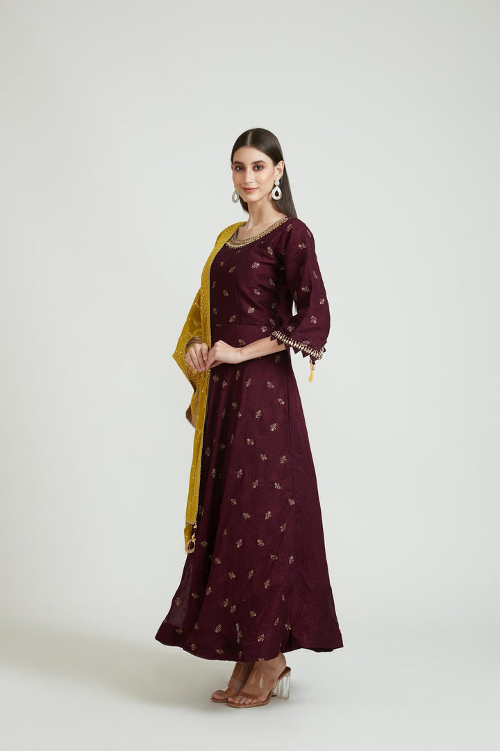 Neerus Maroon silk Anarkali suit set - side view