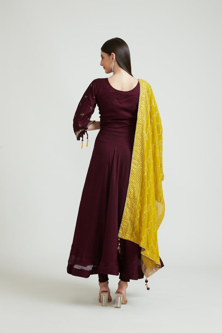 Neerus Maroon silk Anarkali suit set - detail view 1