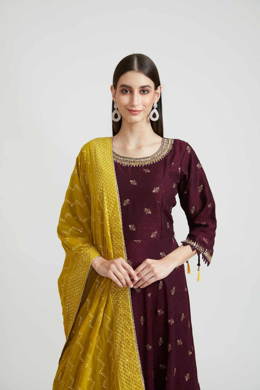 Neerus Maroon silk Anarkali suit set - detail view 5