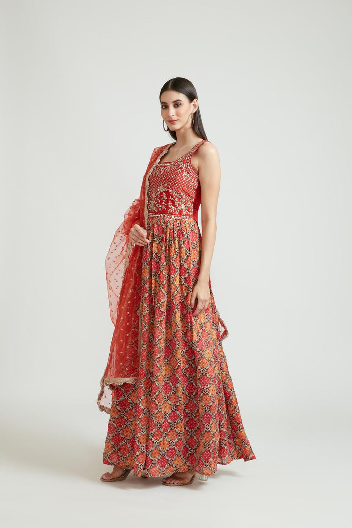 Neerus Red georgette embroidered Anarkali suit set - front view