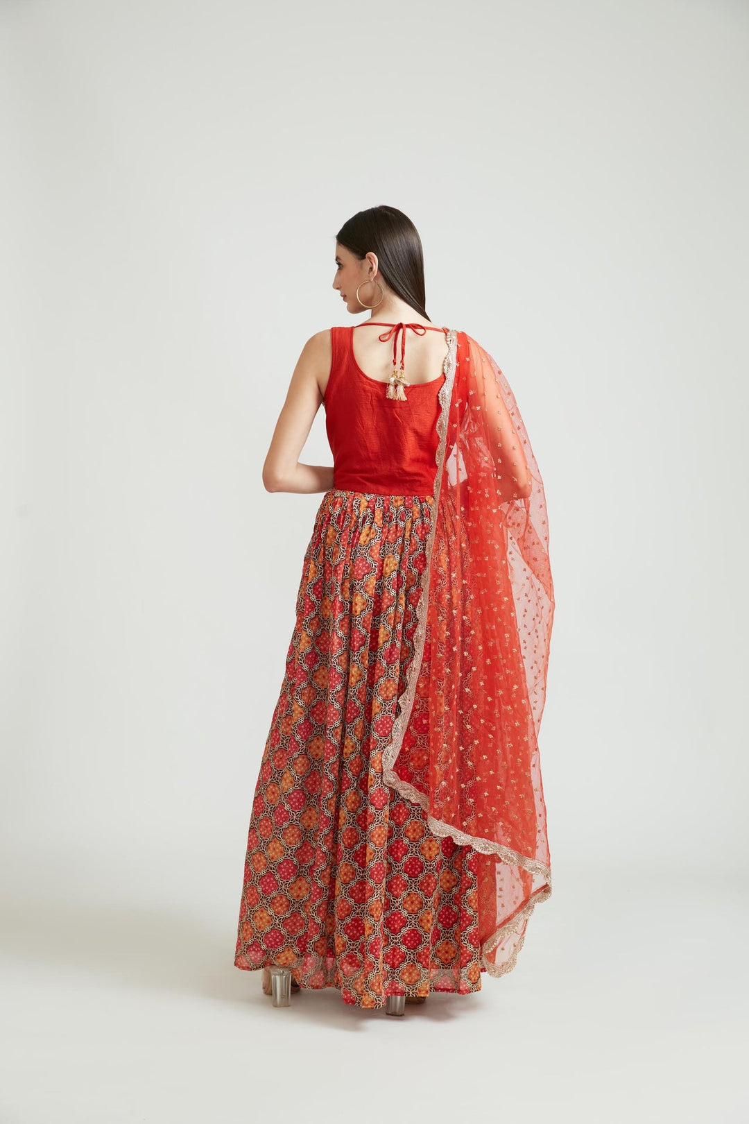 Neerus Red georgette embroidered Anarkali suit set - back view