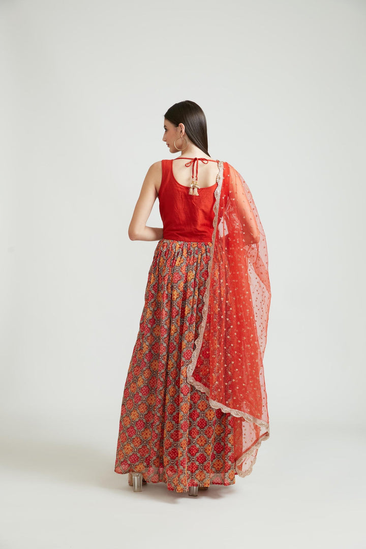 Neerus Red georgette embroidered Anarkali suit set - back view