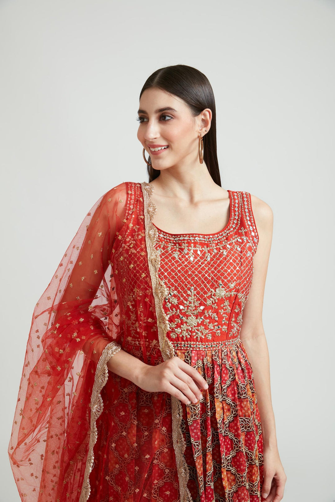 Neerus Red georgette embroidered Anarkali suit set - detail view 3