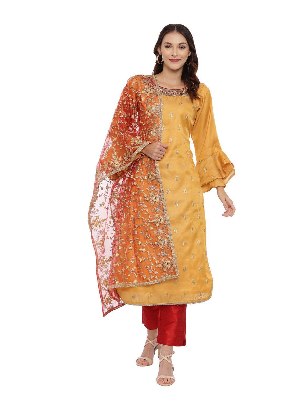 Neerus Red zari embellished kurta set with pant and dupatta - front view