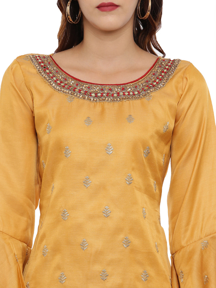 Neerus Red zari embellished kurta set with pant and dupatta - back view