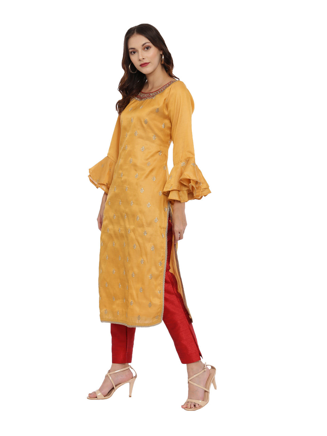 Neerus Red zari embellished kurta set with pant and dupatta - detail view 2