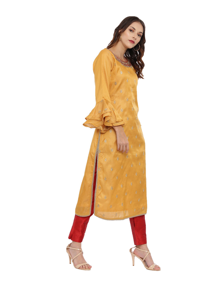 Neerus Red zari embellished kurta set with pant and dupatta - side view