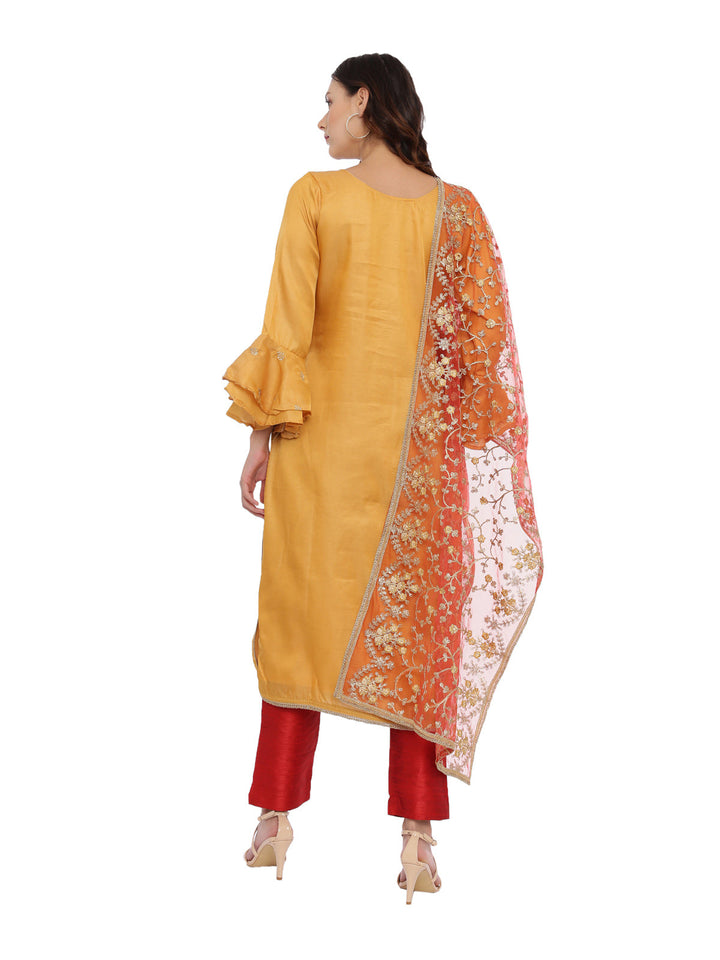 Neerus Red zari embellished kurta set with pant and dupatta - detail view 1