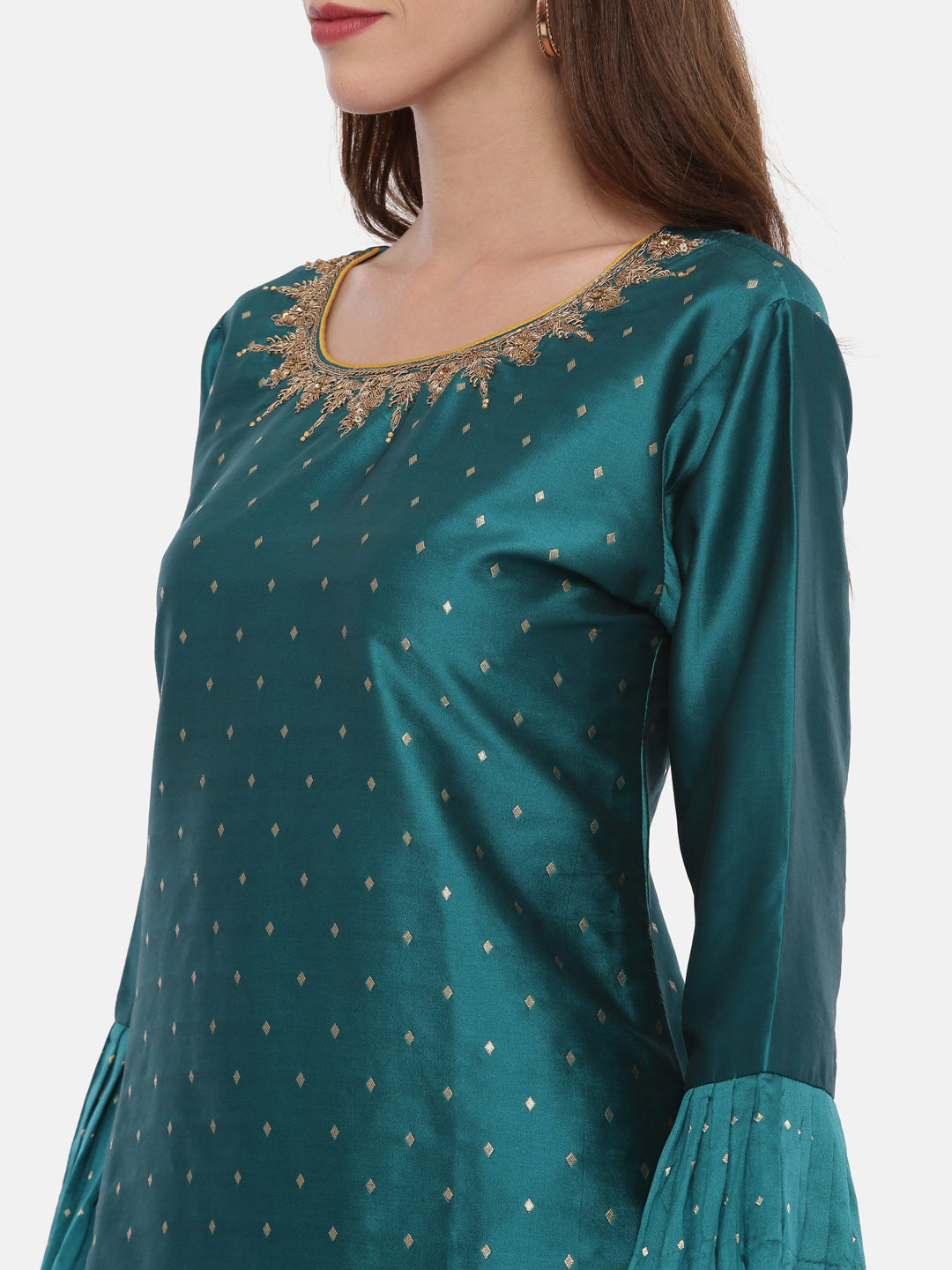 Neerus Green cotton woven kurta set - side view