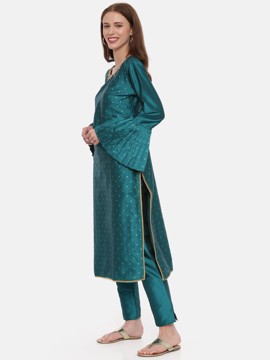 Neerus Green cotton woven kurta set - detail view 3