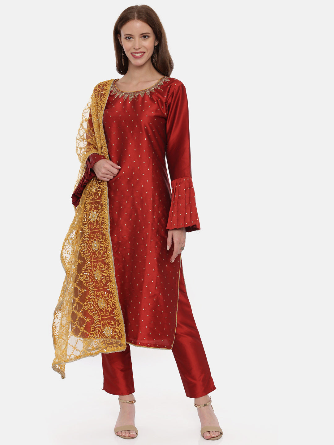 Neerus Red cotton woven kurta set - front view
