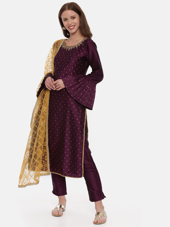 Neerus Maroon silk suit set - front view