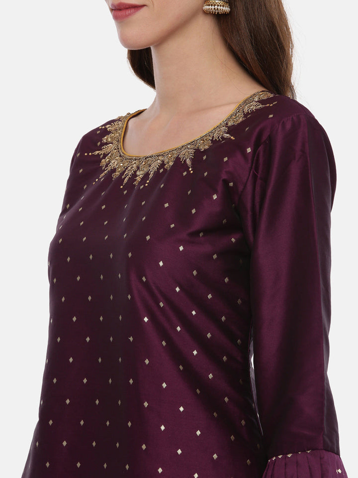 Neerus Maroon silk suit set - back view