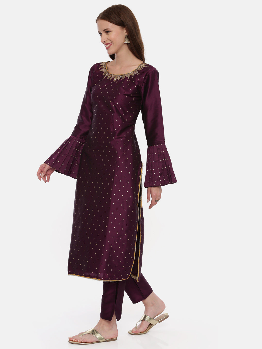Neerus Maroon silk suit set - detail view 2