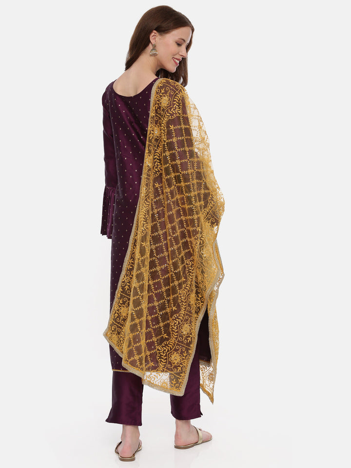 Neerus Maroon silk suit set - side view