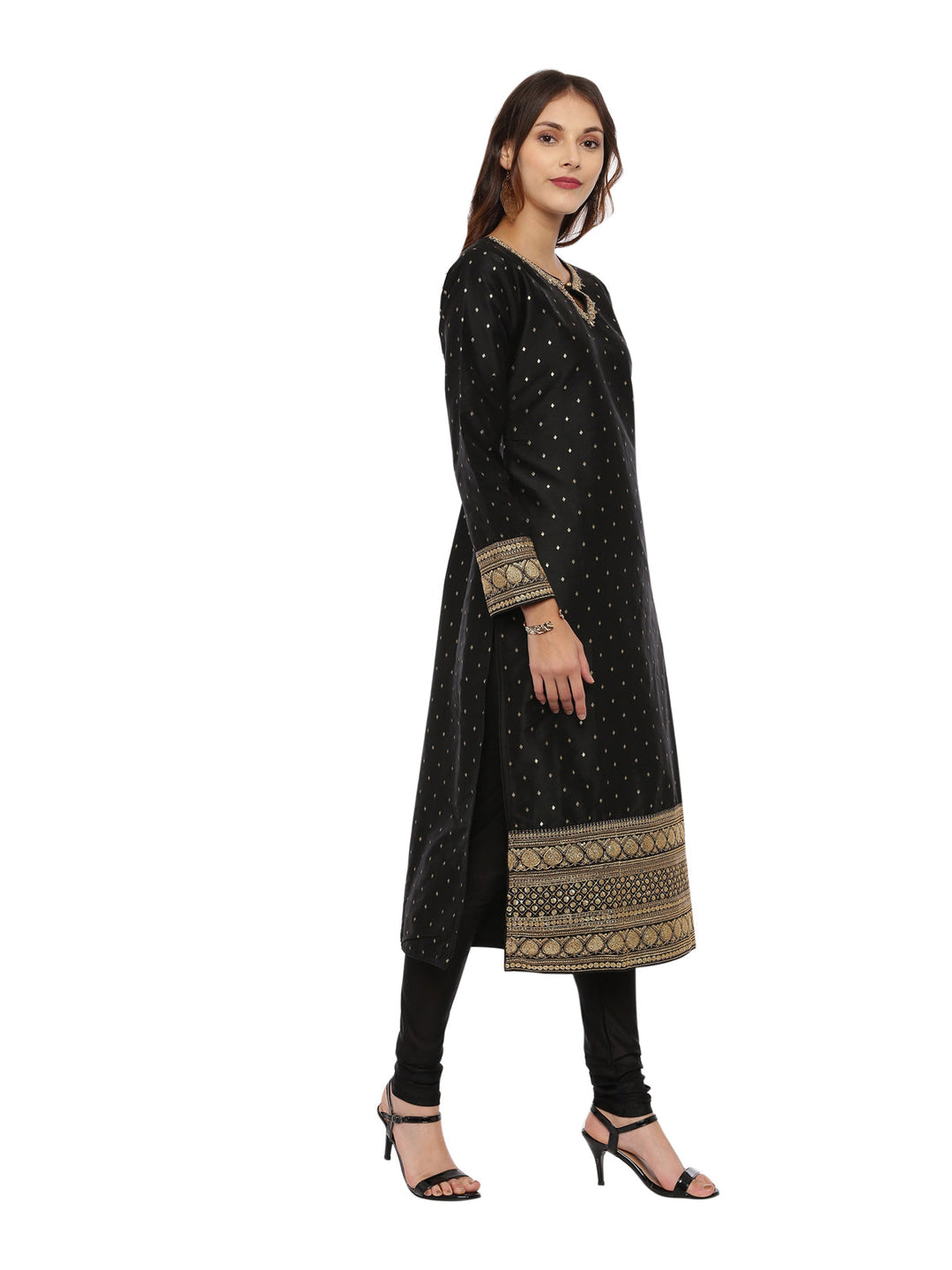 Neerus Black cotton woven kurta set - side view