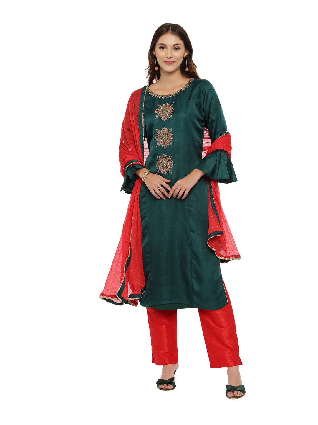 Neerus Green embellished kurta set with palazzo and dupatta - front view