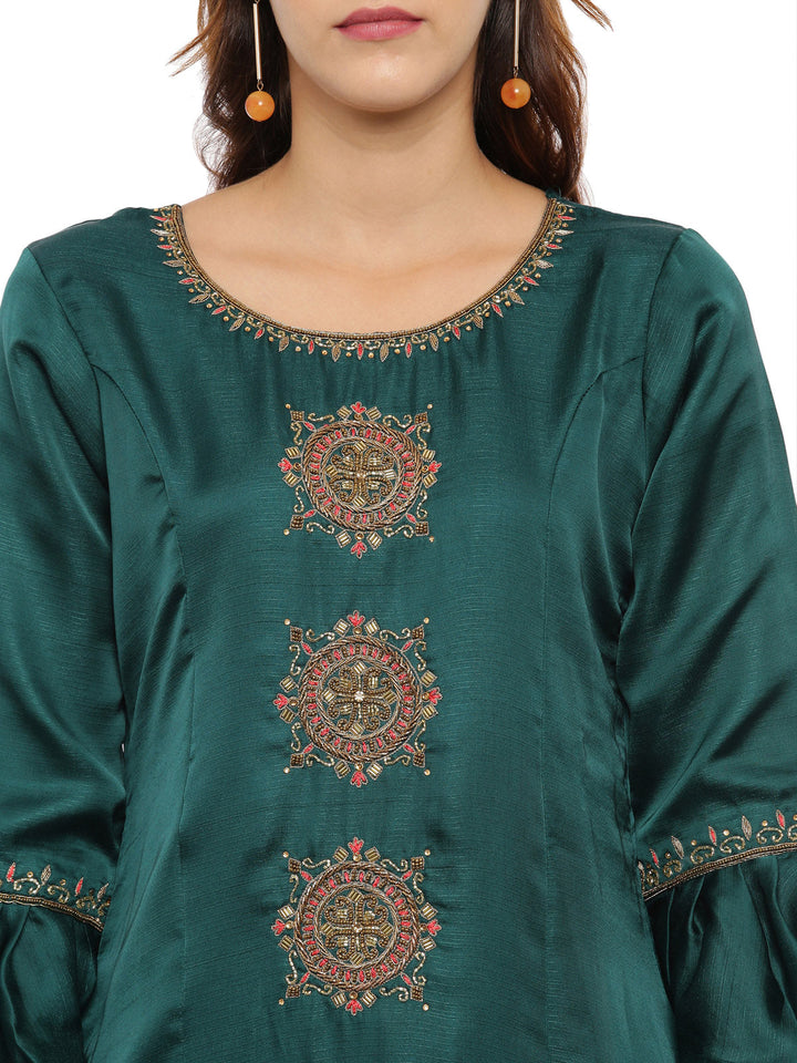 Neerus Green embellished kurta set with palazzo and dupatta - back view