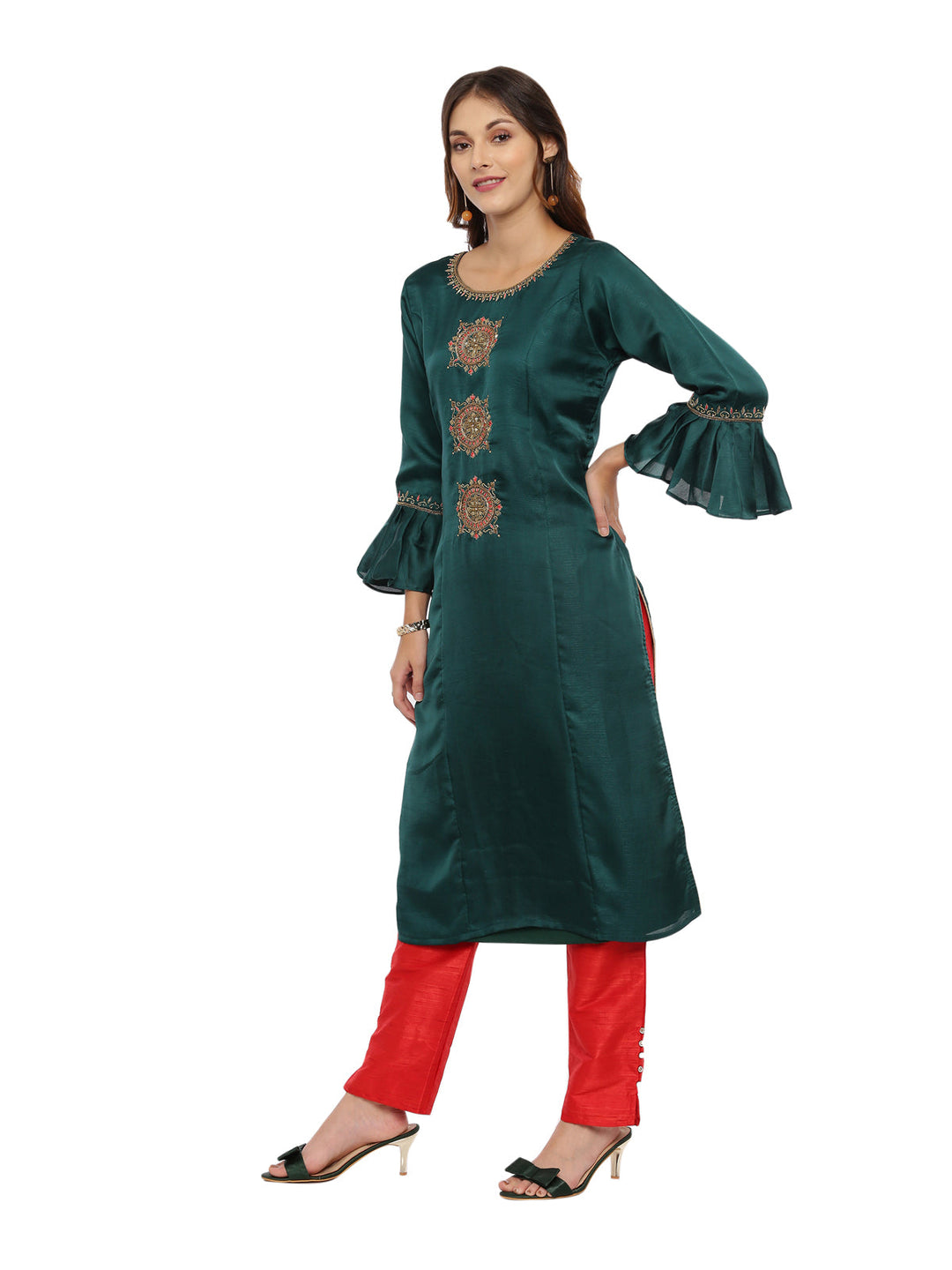 Neerus Green embellished kurta set with palazzo and dupatta - detail view 2