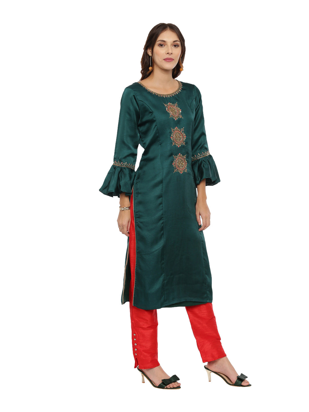 Neerus Green embellished kurta set with palazzo and dupatta - side view