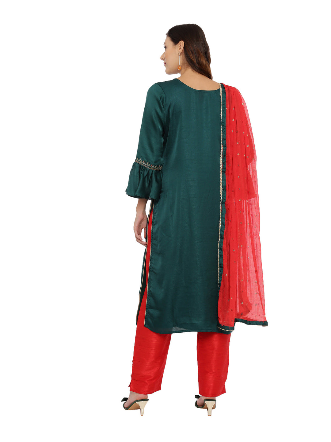Neerus Green embellished kurta set with palazzo and dupatta - detail view 1